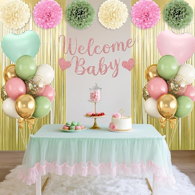 Dusty Pink Green Gold Baby Shower Decorations,Welcome Baby Banner with Sand White Sage Green Balloons Fringe Curtains Paper Pom Poms Flowers Tassels for Boho Baby Shower Gender Reveal Party Supplies