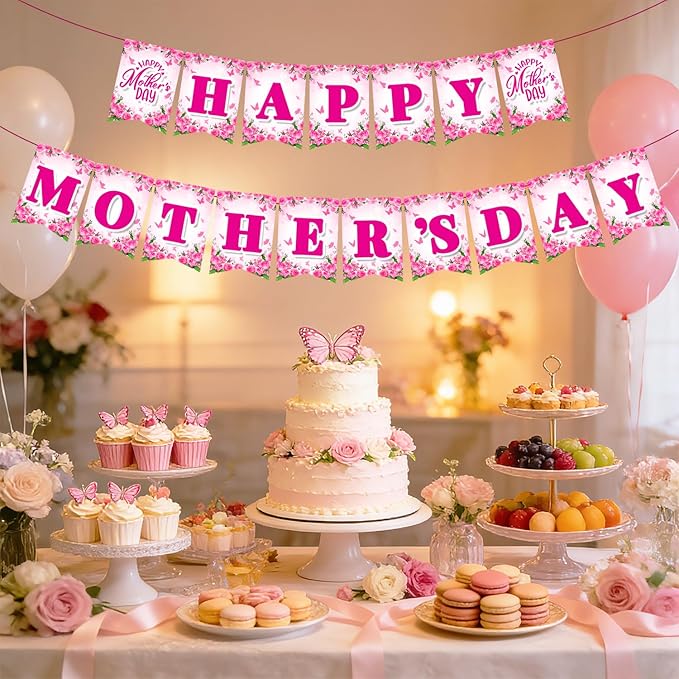 Mother's Day Decorations, Happy Mother's Day Banner for Party, Pre-Strung Banner for Indoor Outdoor Decor