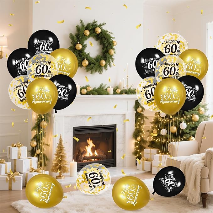 60th Anniversary Balloons 18Pcs Black Gold Anniversary Party Decorations for Women Men Black Gold 12Inch Happy Latex Metallic Confetti Balloons for Indoor Outdoor Party Supplies