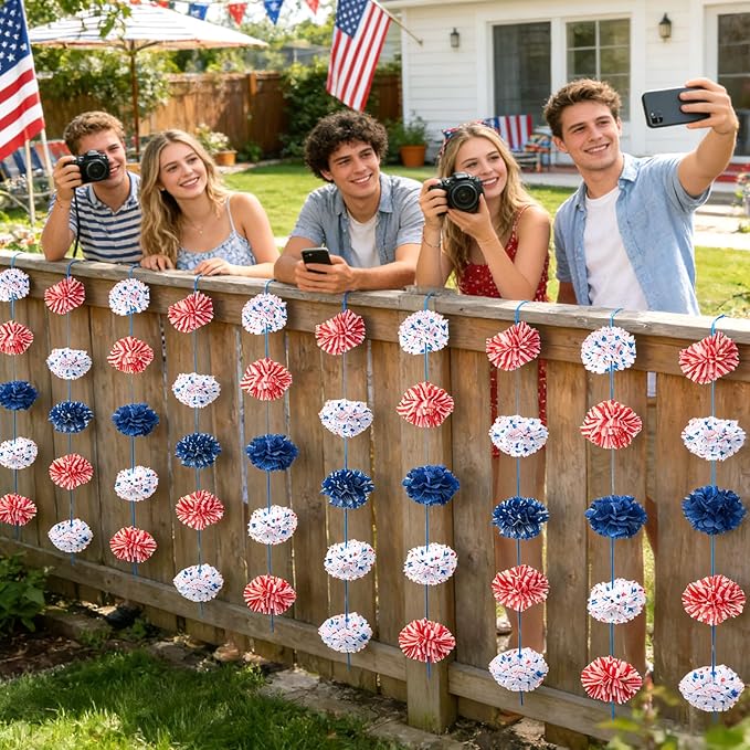 Homarkable Blue Red Tissue Paper Pom Pom Garlands, Tissue Flower Garland for Birthday Decorations, Baby Shower, Spring Summer Party Decorations