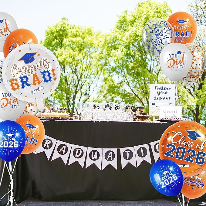 Blue and Orange Graduation Balloons Graduation Decorations 2026, 51Pcs Grad Latex Balloons and Grad Foil Balloon with Confetti Ribbons Grad Party Decorations for College High School
