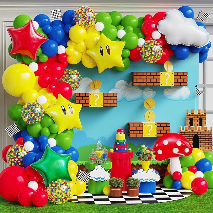 Red Blue Green Yellow Balloon Garland Kit with Confetti Cloud Mushroom Star Balloons for Bros Party Cartoon Video Game Theme Birthday Party Supplies
