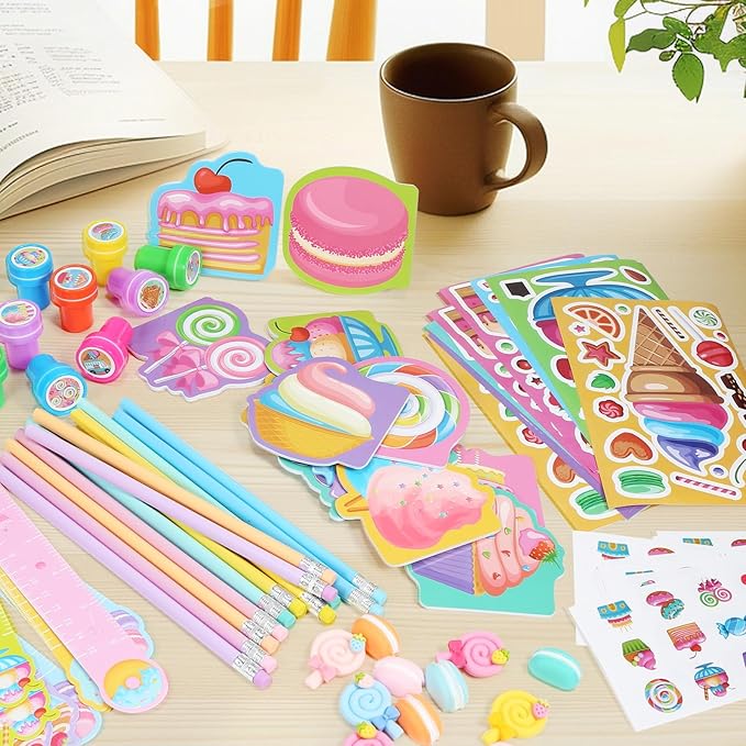 BenLouis 192Pcs Candyland Party Favors Ice Cream Donut Mini Notebook Stampers School Stationery Bulk for Kids Lollipop Sweet Treats Birthday Goodie Bags Pinata Filler Classroom Prizes Supplies