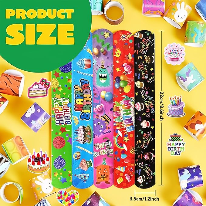 74PCS Happy Birthday Slap Bracelets&Stickers Birthday Theme 24PCS Slap Bracelets 50PCS Stickers Party Favors Basket Bag Filler School Prizes Gifts Party Favors Bulk