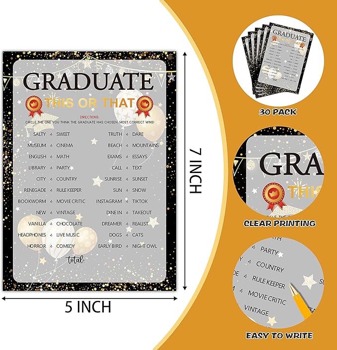 Graduation Party Games - This Or That Game Cards for The Graduate - Graduation Party Decorations 2024 - Gold & Black Grad Celebrations Party Supplies for High School/College - 30 Game Cards(F02)