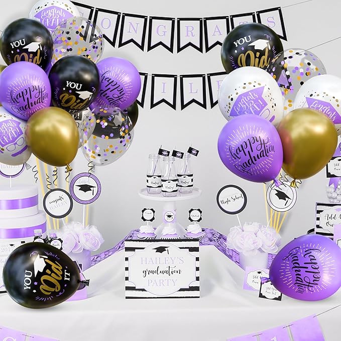 OuMuaMua 74 Pack Graduation Party Decorations Balloons Set - 12 Inch Black Purple Metallic Gold White Confetti Graduation Balloons for Class of 2026 Grad Birthday Party Decor Supplies