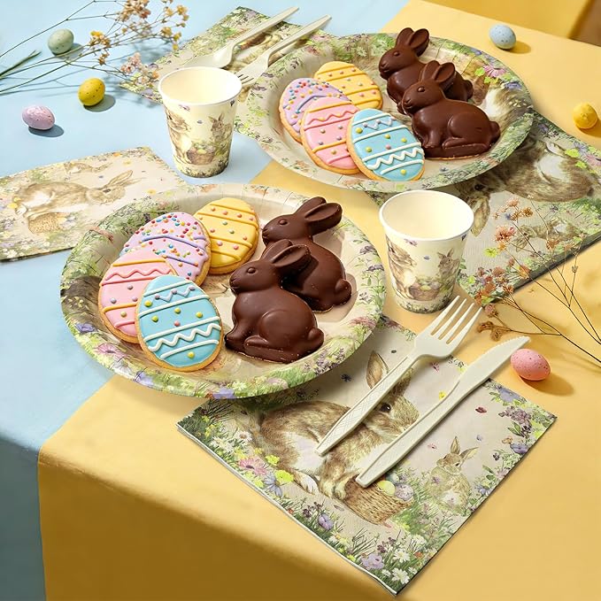 Easter Paper Plates Decorations - 168Pcs Bunny 9" Dinner Plates 7" Dessert Plates 9 OZ Paper Cups Napkins Set Cutlery Happy Easter Rabbit Party Supplies Serves 24