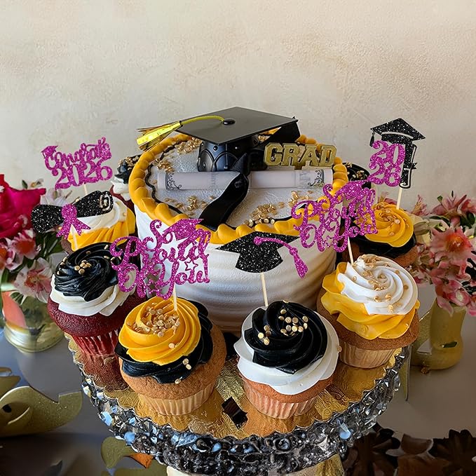 Gyufise 24Pcs Graduation Cupcake Toppers 2026 Purple Glitter Class of 2026 Cupcake Toppers So Proud of You Congrats Grad Cap Diploma Cupcake Picks for Graduation Party Decorations