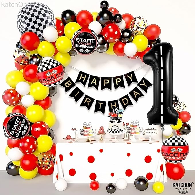 KatchOn, Giant, Checkered 1 Balloon - 40 Inch | Black Number 1 Road Balloon | Fast One Birthday Decorations for Boys | One Happy Dude Balloons, 1 Happy Dude Birthday Decorations | Race Car 1 Balloon