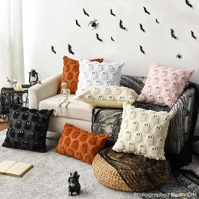 AVOIN colorlife Halloween Ghost White Throw Pillow Cover Set of 2, 16 x 16 Inch Soft Plush Faux Fur Jacquard Spooky Cushion Case Decoration for Sofa Couch