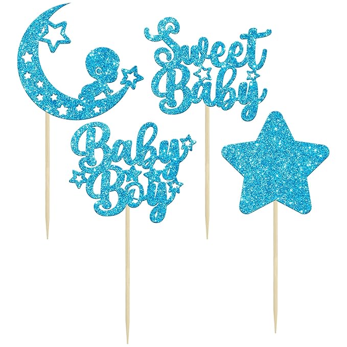 Gyufise 24Pcs Blue Glitter Baby Boy Cupcake Toppers Star Moon Sweet Baby Babyshower Boy Cupcake Picks for Baby Shower Boys Birthday Party Cake Decorations Supplies
