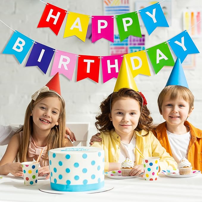 Rainbow Happy Birthday Banner - Hanging Backdrop Sign with White Letters, Bunting Rainbow Birthday Decorations for Women men Kids Baby Shower Party Supplies (13pcs)