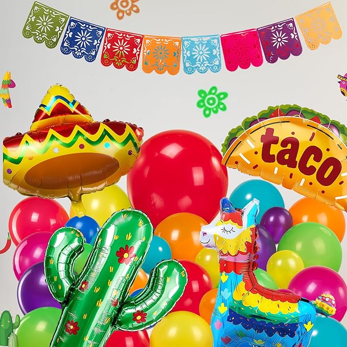 Mexican day of the dead party Decorations Colorful Balloon Garland Arch Kit Cactus Taco Sombrero pinata Mexican Themed Foil Balloons Banner for Cinco De Mayo Birthday Party Taco Bout Decoration
