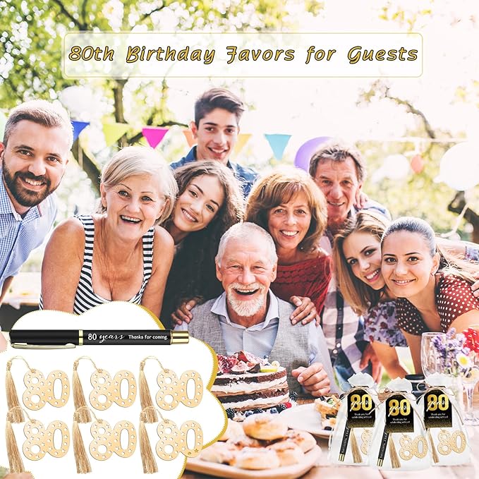 Spakon 25 Set 80th Birthday Party Favor for Guest Anniversary Party Favor Golden Birthday Bookmark Thanks for Coming Pen with Tag Appreciation Gifts for Women Men Wedding New Year