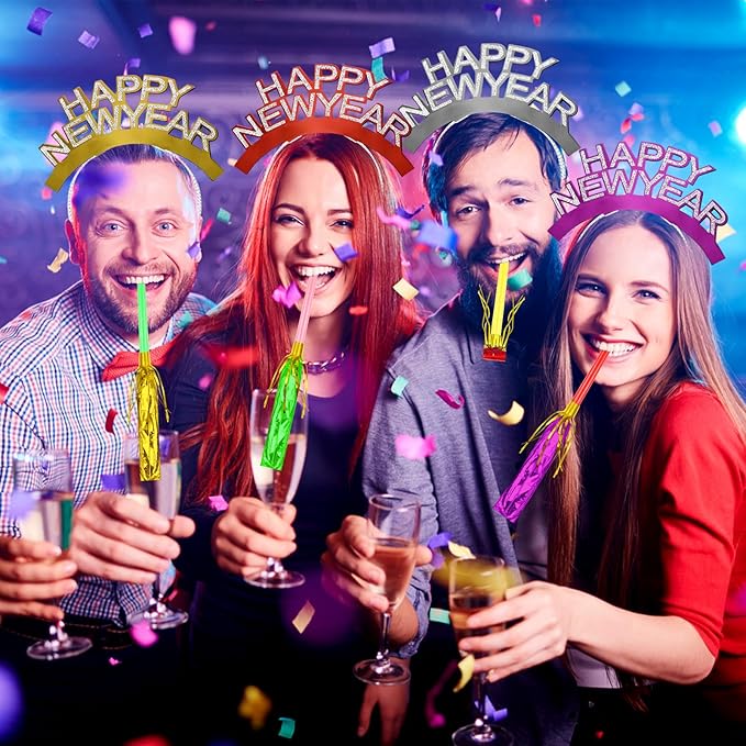 Openfly New Years Eve Party Supplies 2026 Happy New Year Headband Tiara New Year Fringed Noise Makers Party Favors