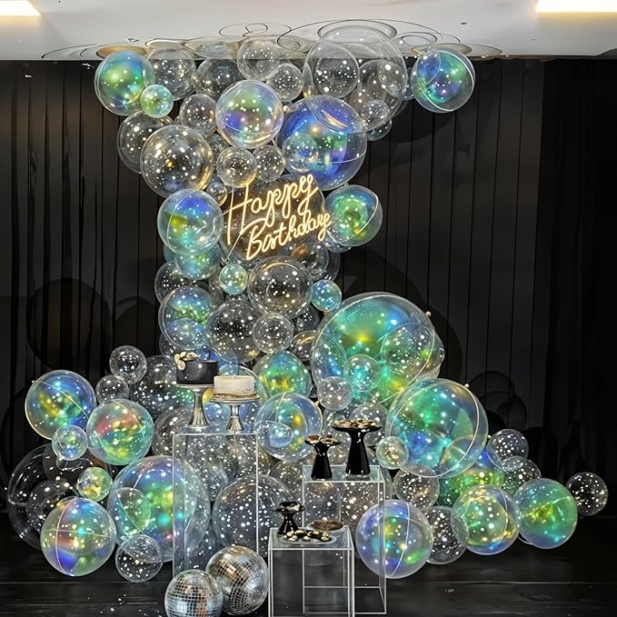 14 Pcs Iridescent Round Foil Balloons 22/15/10 Holographic 4D Ball Balloons Clear Balloon Ornament Mylar Balloon for Girls Mermaid Under The Sea Rainbow Birthday Wedding Disco Party Decoration