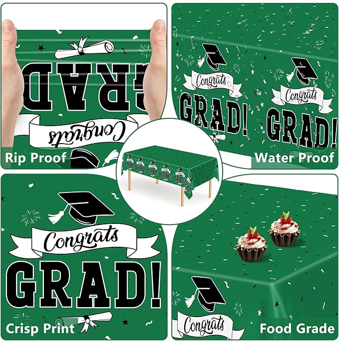 QZYL 2 PCS Graduation Tablecloth, 108" X 54" Green Graduation Table Decorations 2026, Rectangle Table Cloths for Class 2026 Congrats Grad, Disposable Plastic Tablecover for Grad Decor Party Supplies