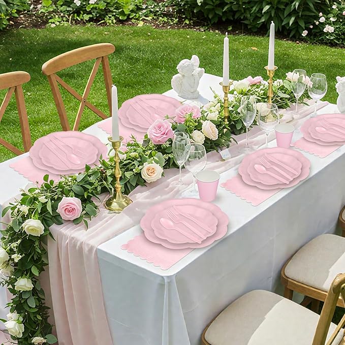 175 Pcs Pink Paper Plates and Napkins Set Include 9" Easter Plates, 7" Dessert Plate Disposable Scalloped Tableware Serve 25 Guest for Wedding Baby Shower Bridal Shower Birthday Mother's Day