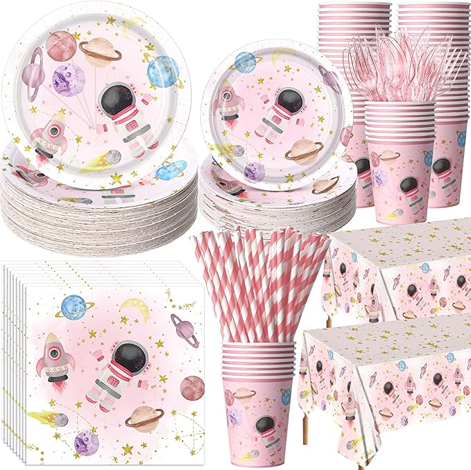 452 Pcs Pink Space Birthday Decorations for 50, Star Astronaut Paper Plates Napkins Cups Moon Tablecloth Cutlery Straws for Planets Solar System Baby Shower Party Supplies Decorations