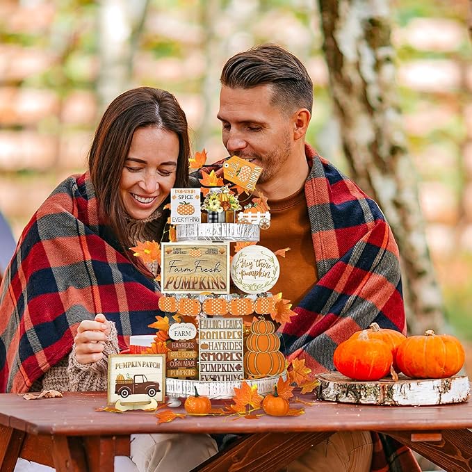 14 Pcs Thanksgiving Tiered Tray Decor Fall Thanksgiving Pumpkin Wooden Decorations Set Rustic Farmhouse Truck Spice Blocks Autumn Wooden Sign for Winter Halloween