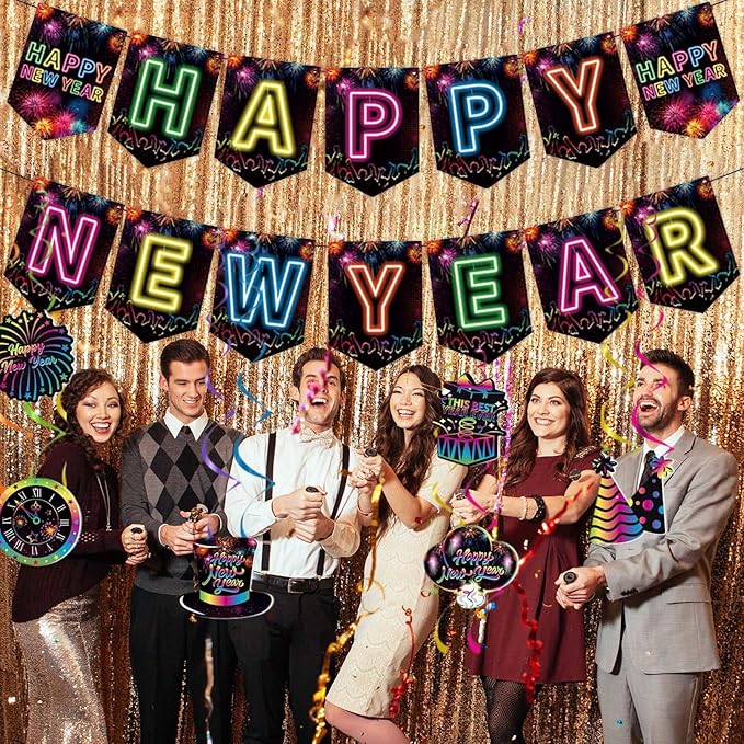 Happy New Year Decorations 2026 Colorful Happy New Year Banner & Ceiling Hanging Swirls Perfect for New Years Eve Party Supplies 2026