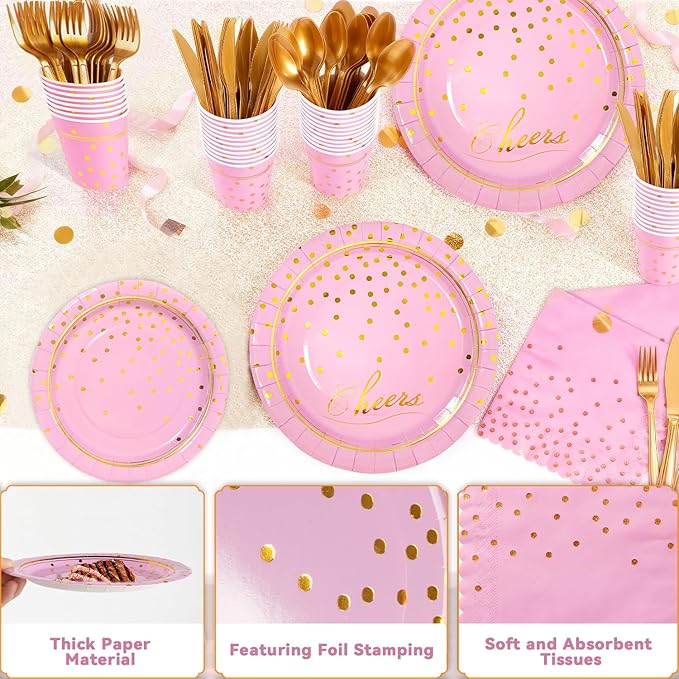 OuMuaMua Disposable Pink Paper Plates Party Supplies for 24 Guests, 168 Pcs Party Plates, Cups and Napkins with Utensils Set for Girls Birthday Baby Shower Princess Party Decor