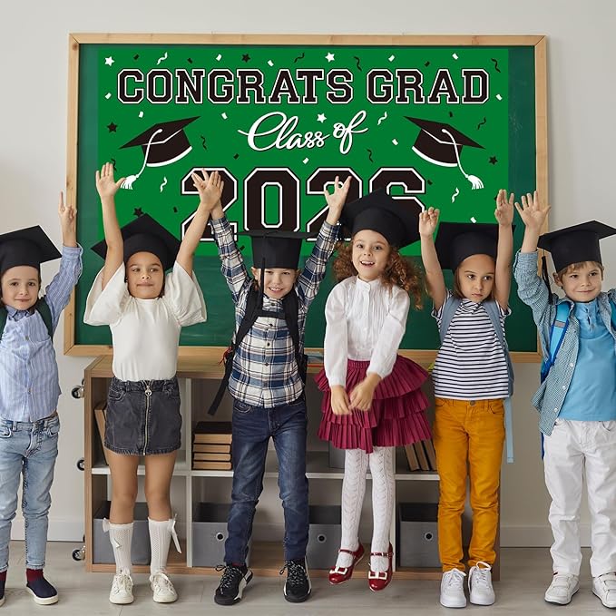 2026 Graduation Party Plastic Backdrop - 65" x 32.7" Congrats Grad Banner in Green, Large Class of 2026 Decorations, Photography & Grad Party Supplies