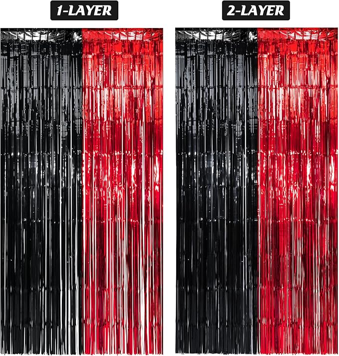 6 Pack 3.3Ft x 6.6Ft Graduation Foil Fringe Curtain Backdrop Decorations, Red Black Metallic Tinsel Foil Streamers Curtain Photo Booth Background for Graduation Prom Wedding Birthday Party Decorations