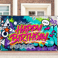 Neon Graffiti Art Happy Birthday Banner, Large Street Art Backdrop for Teen Adult Party Decor
