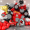 Race Car Balloons Arch Kit -Trophy, Flags, Cars, Tire, Checkered, Wheels and Red Black Silver Balloon Garland Kit for Racing Car Theme Two Fast 2nd Boy Birthday Anniversary Party Decorations