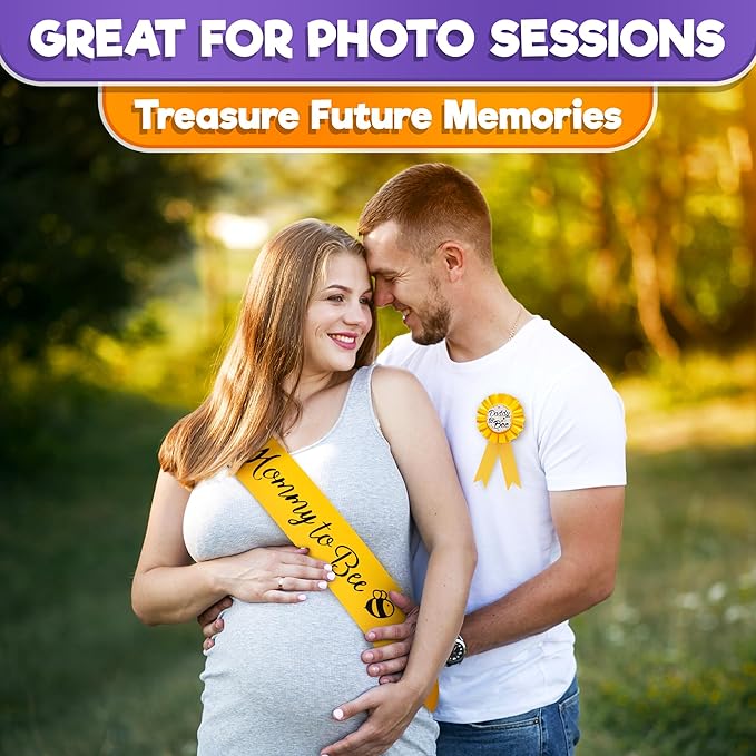 Yellow Mommy to Bee Baby Shower Decorations - Beautiful Gold Mom to Be Sash Baby Shower with Dad to Be Pin for Gender Reveal - Cute, Easy to Wear Mom Sash with Elegant Bee Design for Boys & Girls
