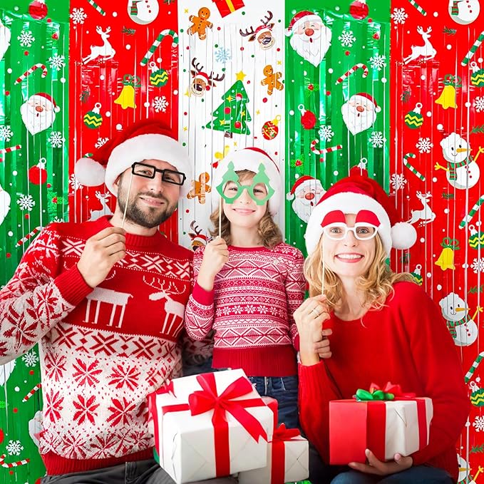 3 Pack Printed Christmas Foil Fringe Curtains, Red Green Tinsel Backdrop with Santa & Reindeer Patterns - Photo Booth Props for Ugly Sweater Party, Christmas in July & Winter Holiday Decor