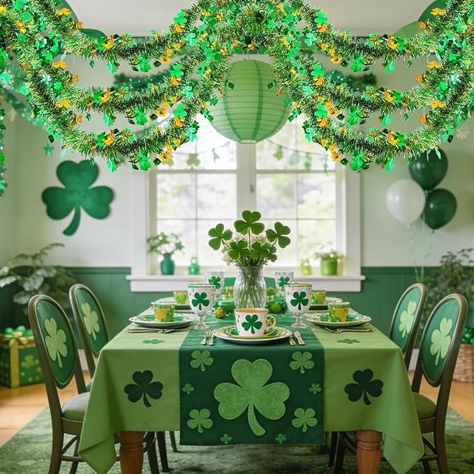33 FT St Patricks Day Tinsel Garland Decor Gold Green Shamrock Hat Tinsel Garland Metallic Twist Hanging Garland for Home Indoor Outdoor Irish Party Supplies