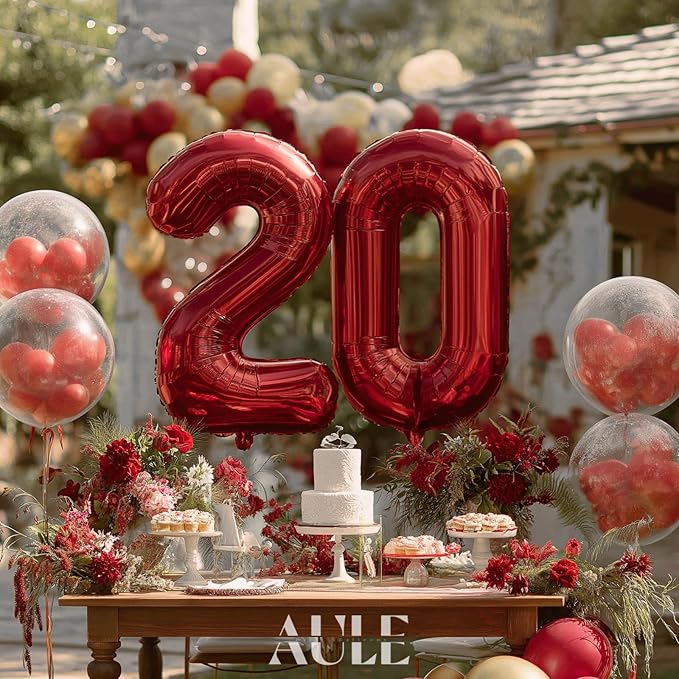 AULE 40 Inch Big Red Foil 20 Number Balloons for Women Large 20th Happy Birthday Decorations Giant Huge Helium Mylar Anniversary Party Décor