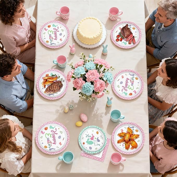 96Pcs Happy Easter Plates and Napkins Bunny Egg Disposable Easter Plates Egg Bunny Colorful Disposable Easter Paper Tableware Set for Happy Easter Spring Celebrations Birthday Party Supplies Serves 24
