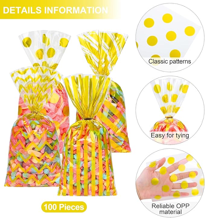 Aodaer 100 Pieces 10.6 x 5.1 In Gold Cellophane Bags Plastic Candy Bag Cellophane Treat Bags Polka Dot Stripes Printed Pattern Goodie Gift Bag with Twist Ties for Birthday, Baby Showers, Weddings Party Supplies