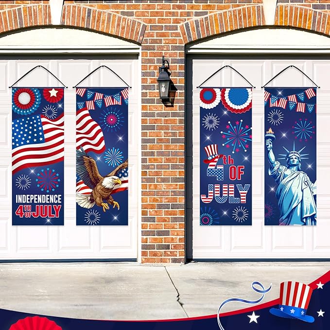 Panelee 4 Pcs 4th of July Decorations Patriotic American Flag Eagle Porch Banner Independence Day Hanging Banner Porch Signs for Independence Memorial Veterans Day Wall Indoor Outdoor Decor(Patriotic)