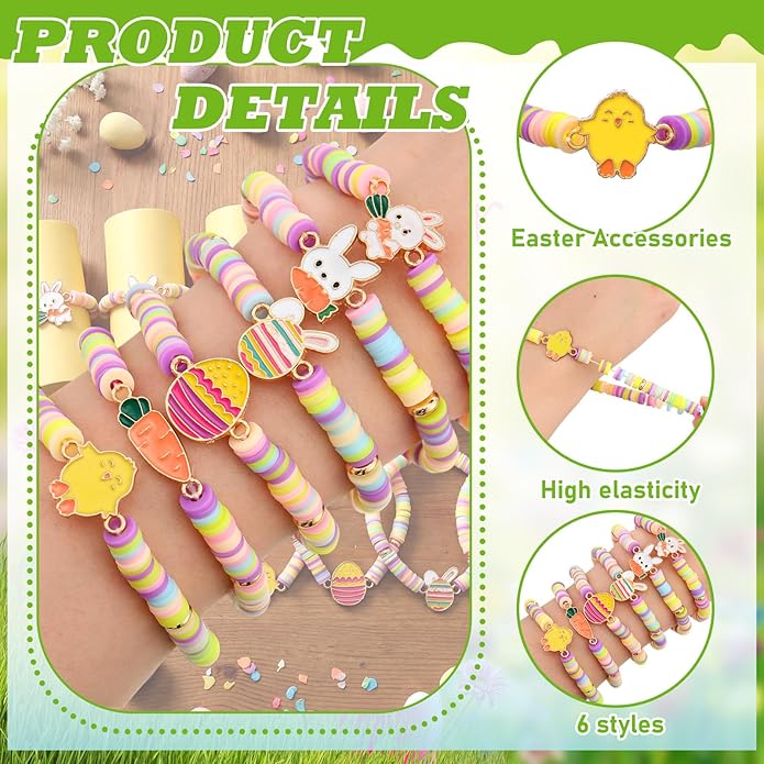 Tondiamo 30 Pcs Easter Party Bracelets Gifts Bulk Easter Bunny Egg Chick Carrot Polymer Clay Beaded Bracelets Bulk for Party Supplies Basket Stuffers Egg Fillers Gifts