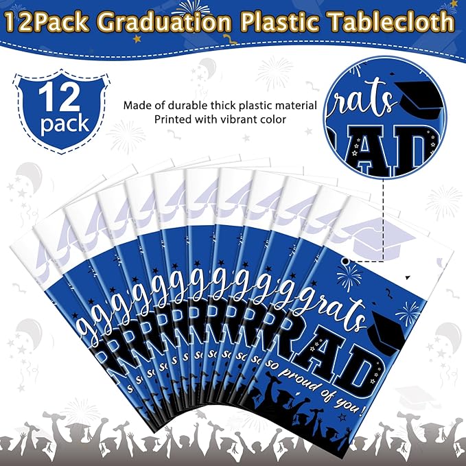 12 Pack Graduation Tablecloth Party Decorations, Class of 2026 Congrats Grad Plastic Tablecover Party Supplies, Blue Rectangle Graduation Table Decorations for College High School Party, 54 x 108 Inch