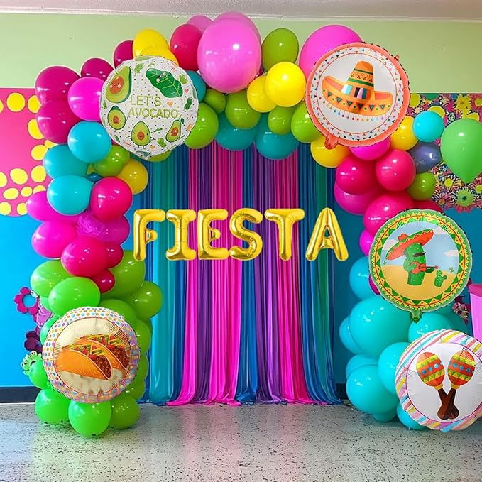 Cinco de Mayo Fiesta Balloon Garland Arch Kit, 160Pcs Rainbow Rose Red Pink Blue Yellow Green Blue Balloons for Mexican Fiesta Party Decorations