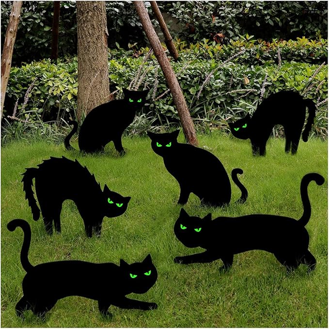 Ivenf Halloween Decorations Outdoor, 6ct Black Cat Decor Yard Signs with Stakes, Scary Silhouette with Glow in Dark Eyes, Corrugated Plastic, Waterproof Lawn Decorations for Kids Family Home Party