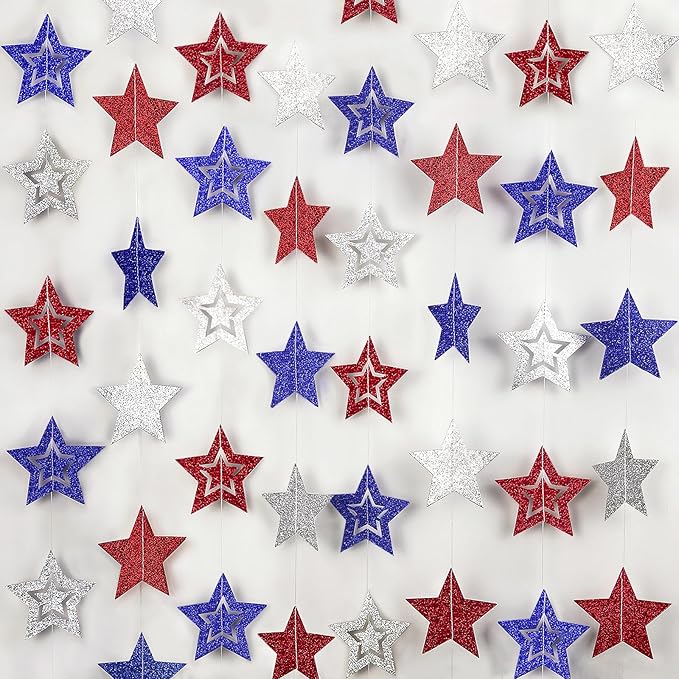 8 Pack Patriotic Star Banner Garland - Glitter Red White Blue Hanging String Garlands for 4th of July, Memorial Day, Independence Day, Veterans Day Party, Holiday Decorations, Labor Day, Party Decor