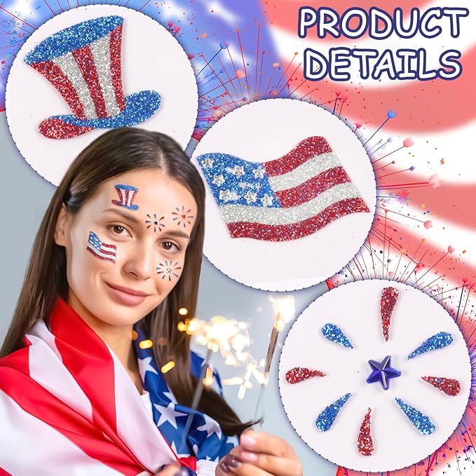 4th of July Face Gems, Fourth of July Celebration Face Jewels, Patriotic Tattoo with USA Flag Stars Designs, Sparkle Glitter Red Blue Silver for Independence Day, Parades, Parties 2 Sheets (style2)
