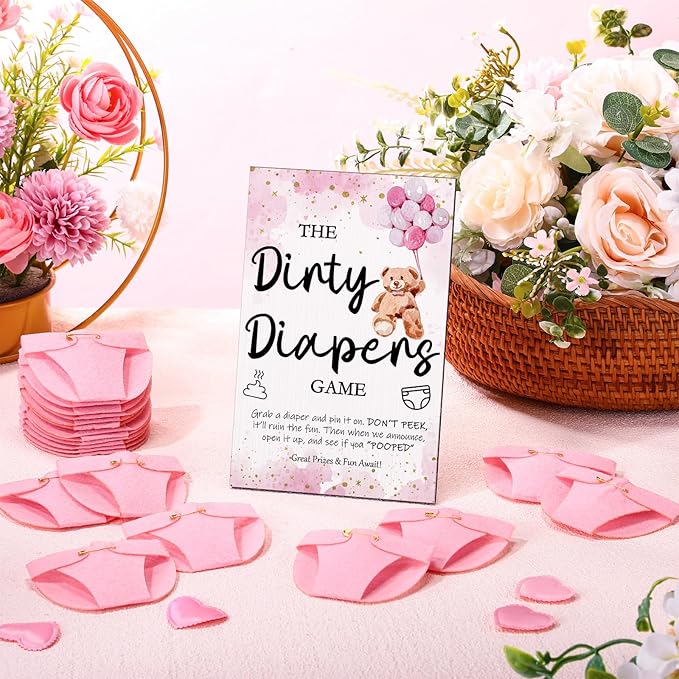 Roowest 51 Pcs Dirty Diaper Baby Shower Games Funny Wooden Sign with 50 Pcs Mini Diapers Cute Felt for Gender Reveal Party Baby Shower(Pink Bear)