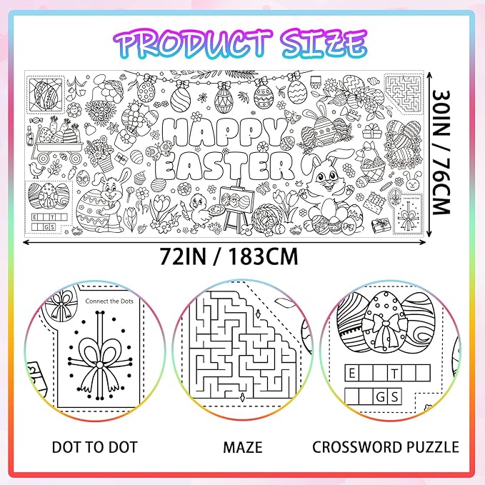 Easter Giant Coloring Poster for Kids,30x72 Inch Happy Easter Crafts Drawing Paper Coloring Tablecloth DIY Art Crafts for Kids Party Egg Bunny Themed Activity Home Classroom Party Suppiles