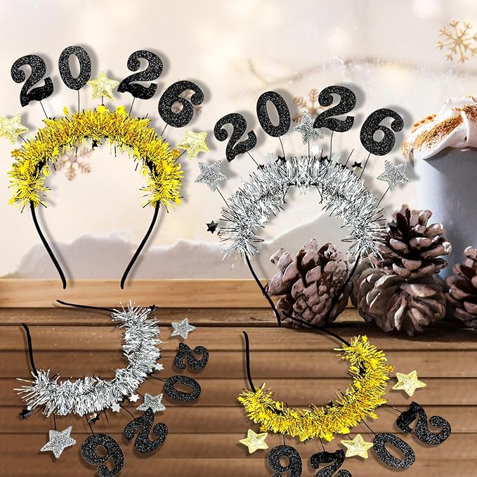 4 Pcs Happy New Year Headbands for Women 2026 New Year Eve Hairbands Party Supplies Holiday Headwear Decoration Gifts (Gold+Silver)
