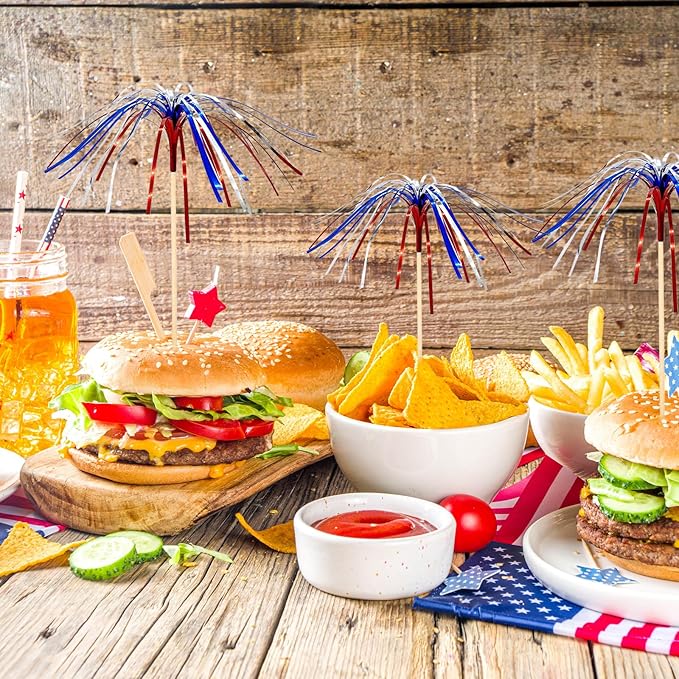 100 Pack 4th of July Cocktail Picks,6inch Patriotic Fireworks Toothpicks for Appetizers,Red White Blue Bamboo Skewers Sticks for Fourth of July Party Supplies Independence Day Decorations