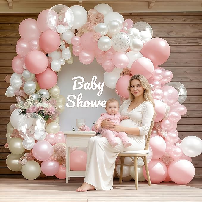 Light Pink White Balloon Arch, Double Stuffed Pastel Pink White Sand Pearl Balloon with Clear Latex Balloon for Baby Shower Birthday Bridal Mother’s Day Party Decorations