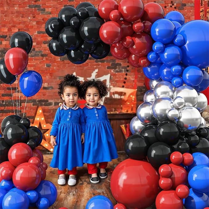 Red Blue Black Balloon Arch Kit, Royal Blue Red Black Garland Kit with Metallic Silver Latex Balloon for Theme Party Boys Kids Birthday Baby Shower Graduation Baseball Party Decorations