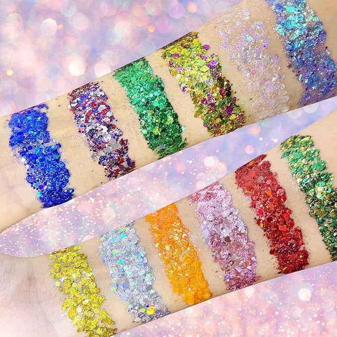 Gold Face Hair Glitter,Cheer Holographic Yellow Body Glitter,Rave Music Festival Singer Concert Gold Accessories,Mardi Gras Outfit for Women,Halloween Cosplay Shimmer Makeup